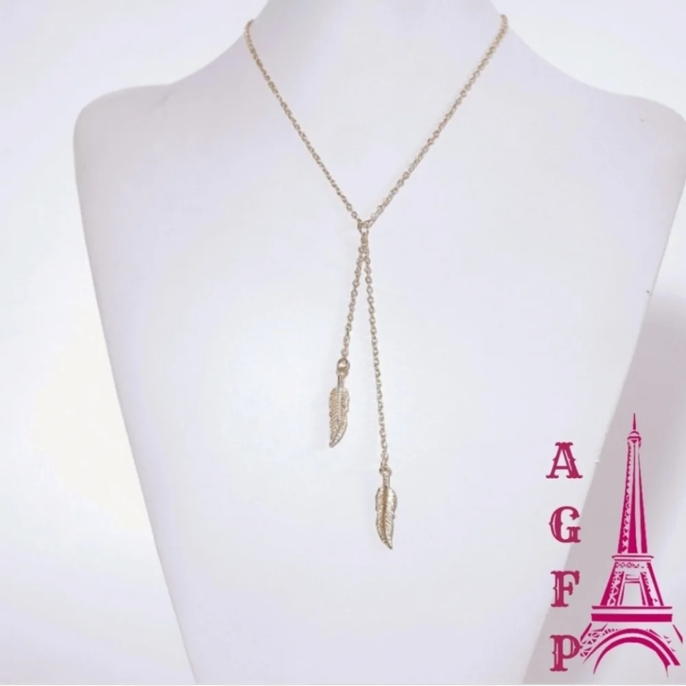 💖 2/$30 Boho Gold chain link simple dainty lariat layered leaf pendant necklace - Picture 3 of 10